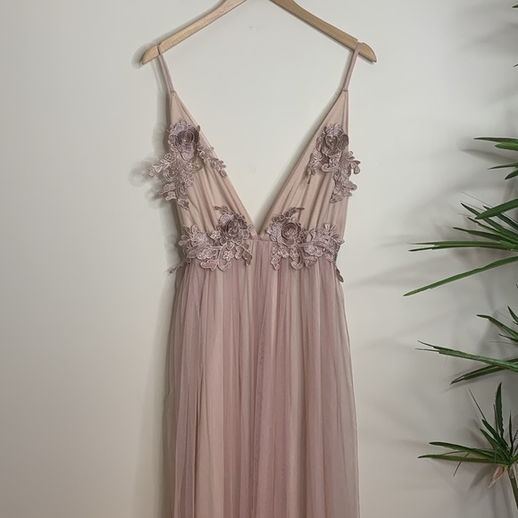 Dusty Rose Plunge Front Backless Tulle Train Floral Applique Gown Slip Dress M - Picture 3 of 16